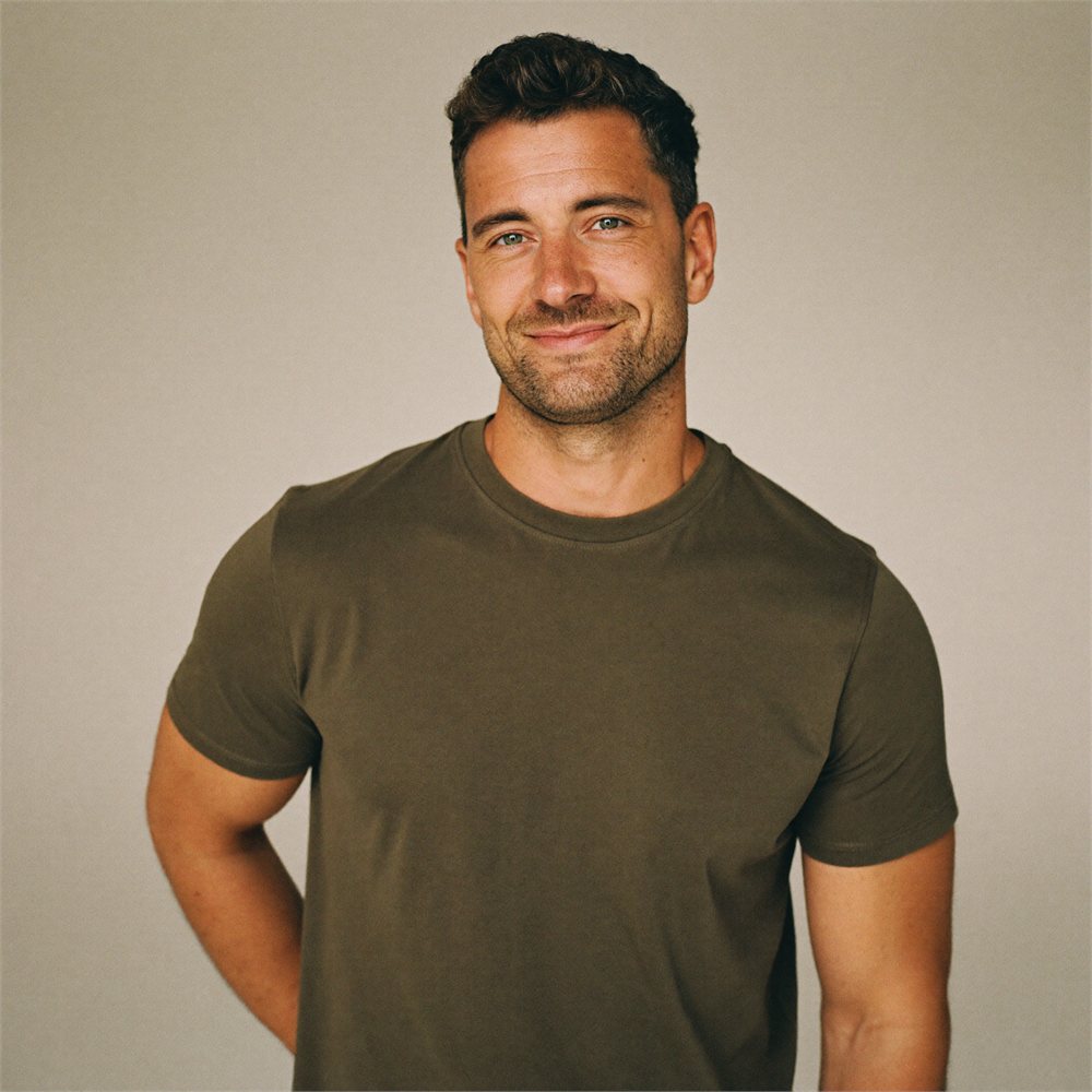 Man in an olive tee against a warm greige background