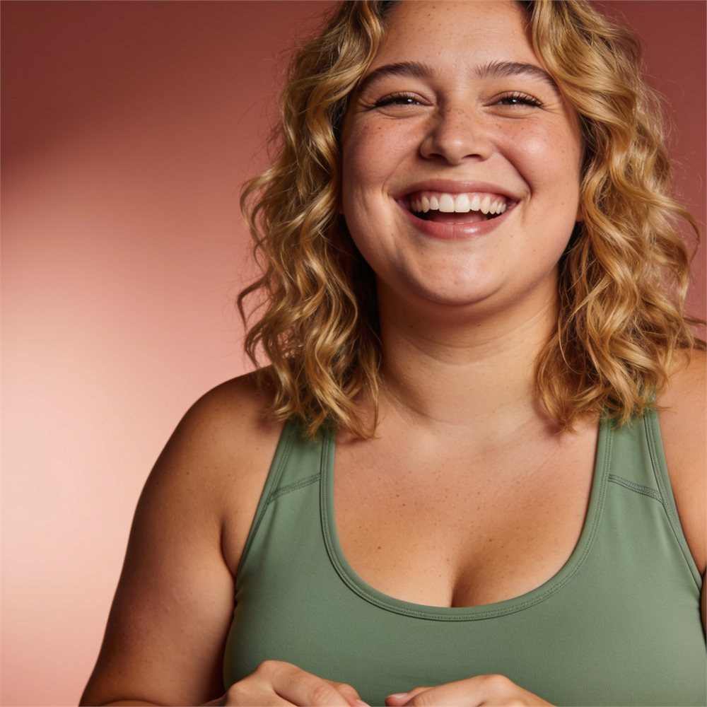 Woman with curly blonde hair in a sage athletic top against a warm rose background